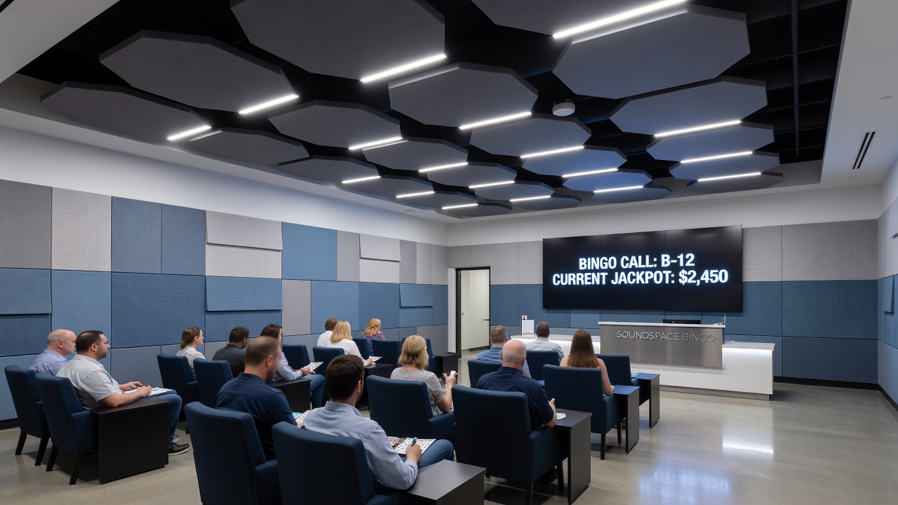 Bingo players seated in a well-designed hall with acoustic baffles overhead and strategically placed speakers ensuring even sound distribution