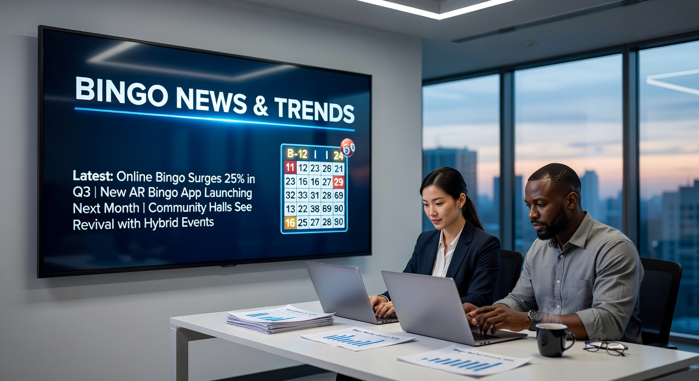 A modern bingo hall in Norway filled with players at electronic terminals, lights glowing under regulated gaming conditions