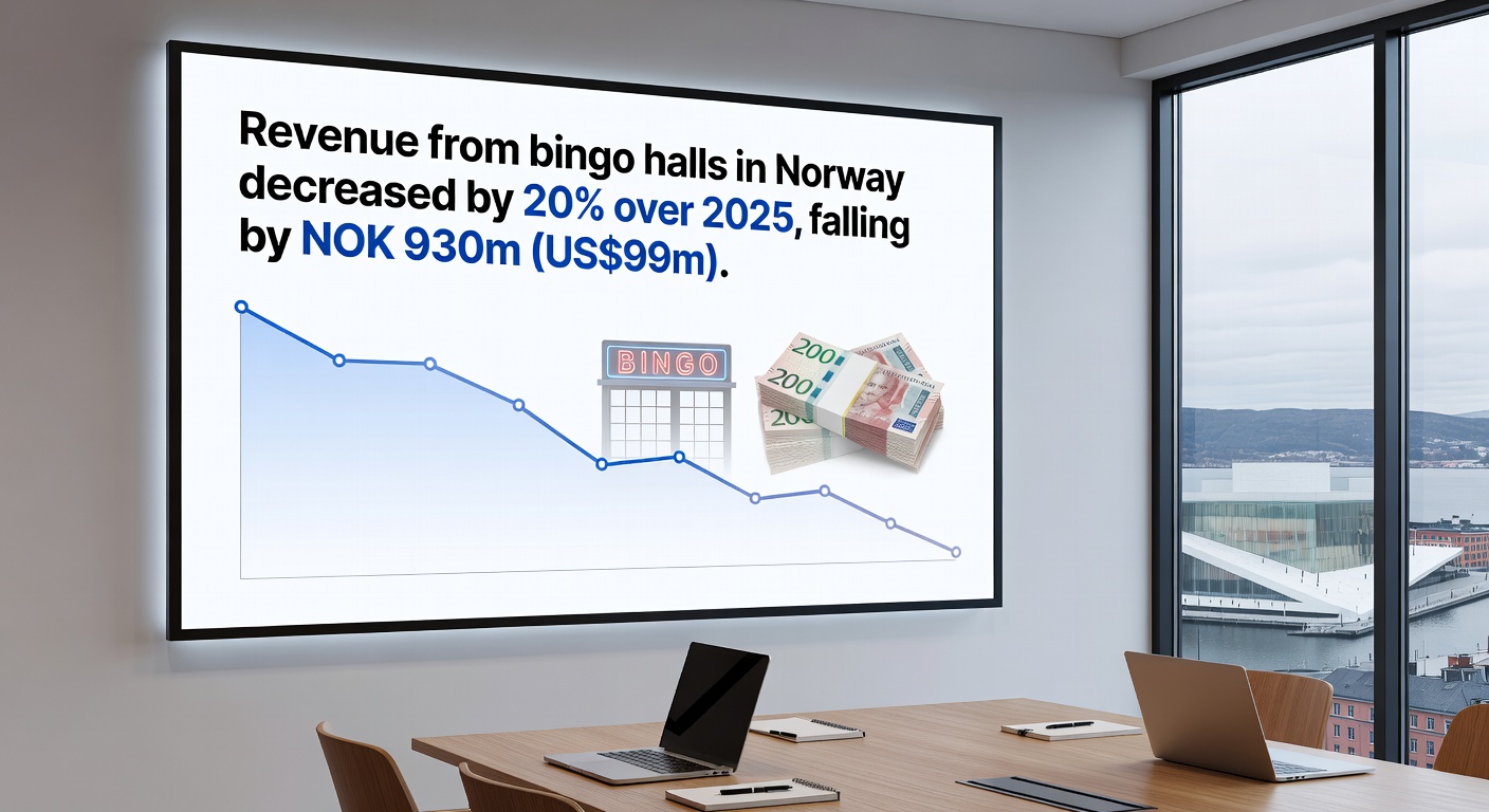 Graph showing Norway bingo revenue trends from 2024 to 2025, with a clear downward arrow at 20% drop under regulatory icons