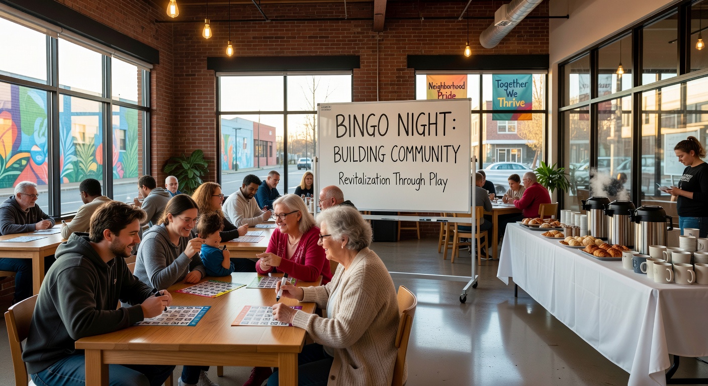 Community members gathered around bingo tables in a local hall during an evening game night event