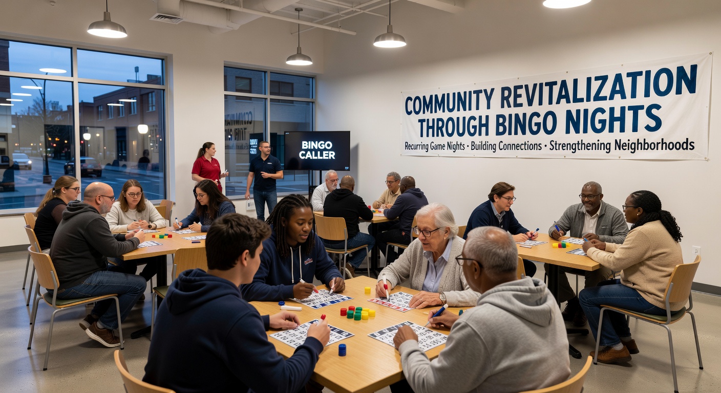 Local vendors setting up stalls outside a bingo hall during a community game night