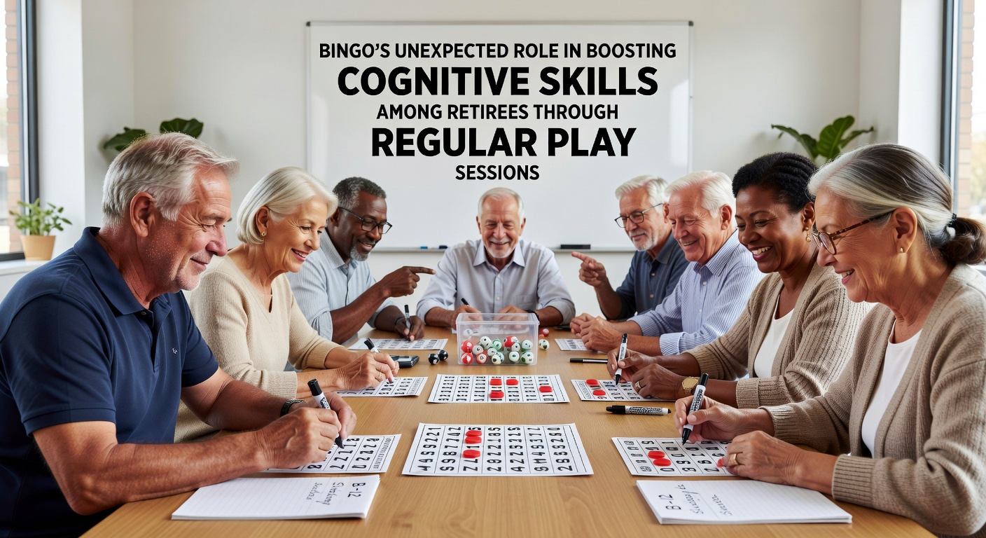 Group of retirees engaged in a lively bingo session at a community center with numbered cards and markers visible on tables