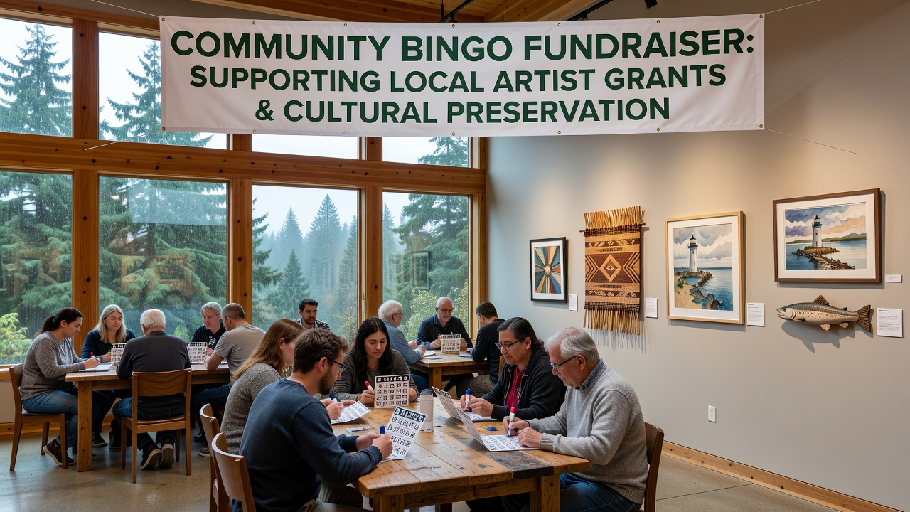 Community center hall in a Pacific Northwest town hosting a bingo fundraiser with local residents participating