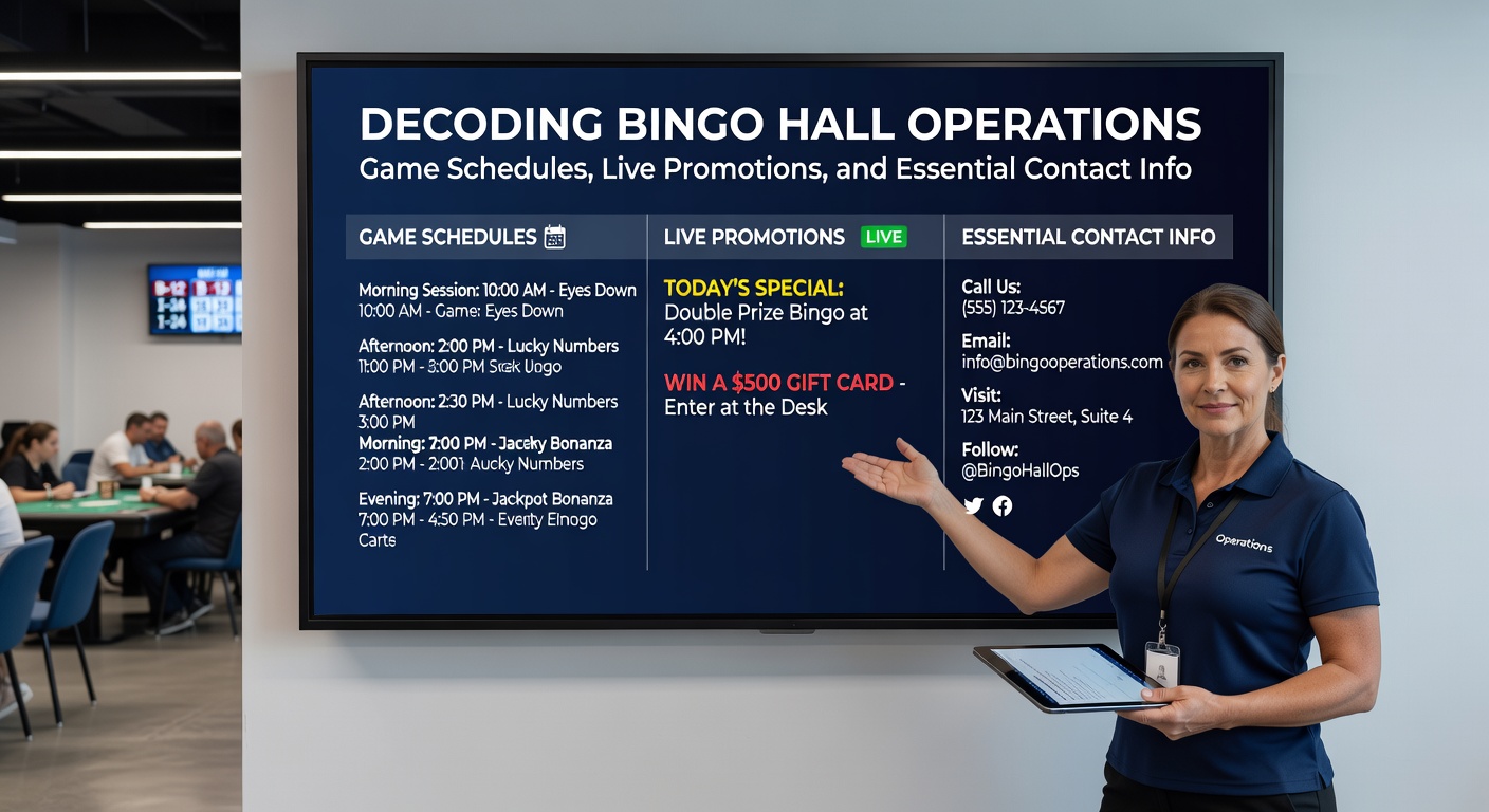 Vibrant bingo hall interior with players at tables, callers on stage, and digital screens displaying game schedules and promotions