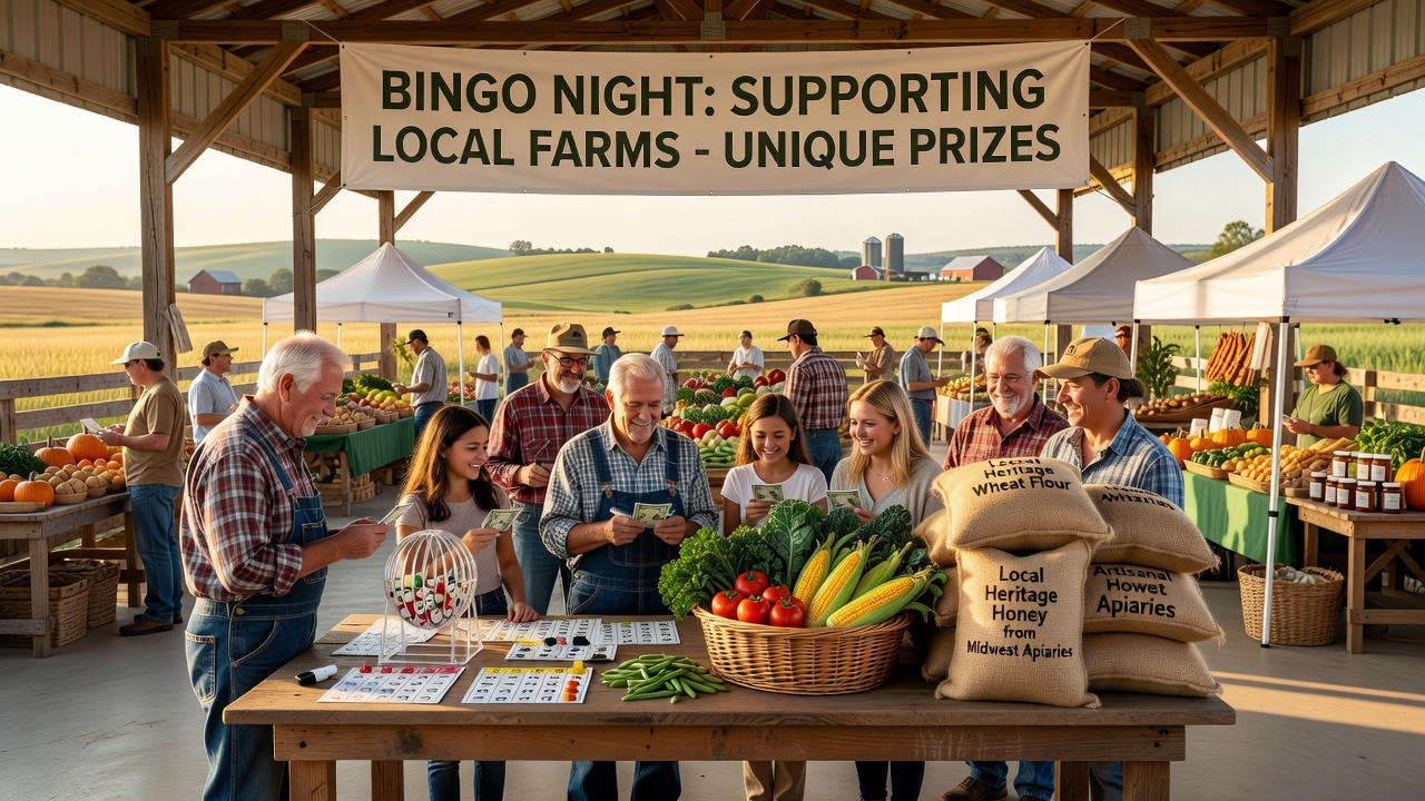 Bingo players at a Midwest hall receiving fresh produce prizes from local farms during a community event