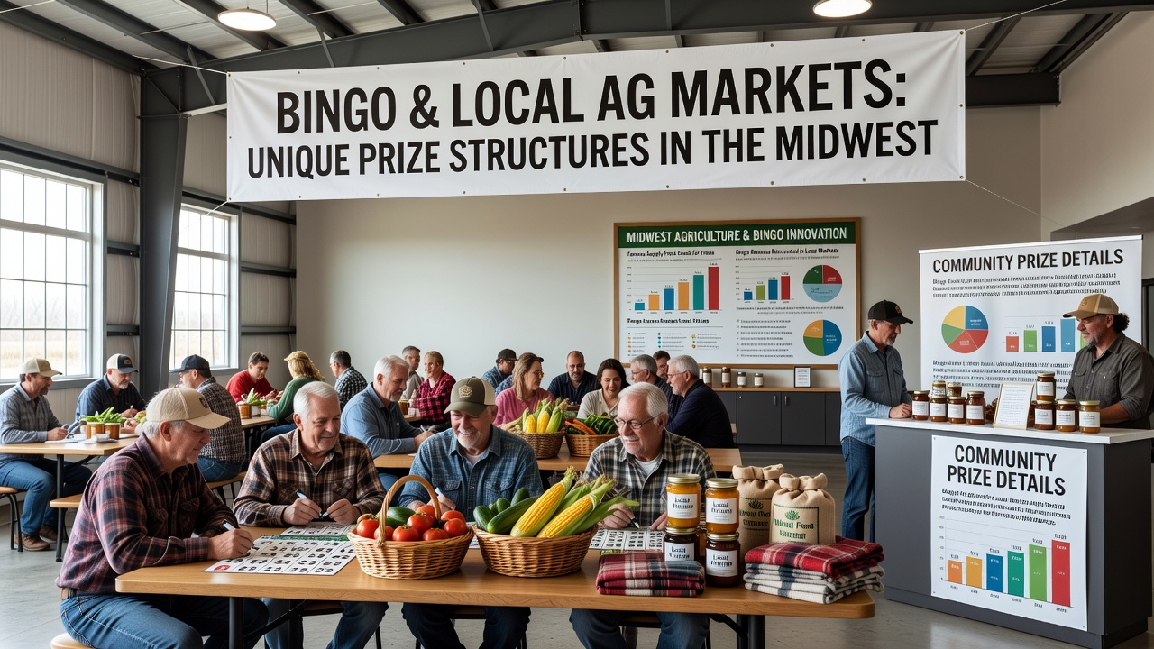 Farmers market stalls displaying vegetables and baked goods used as bingo prizes in a Midwestern community hall