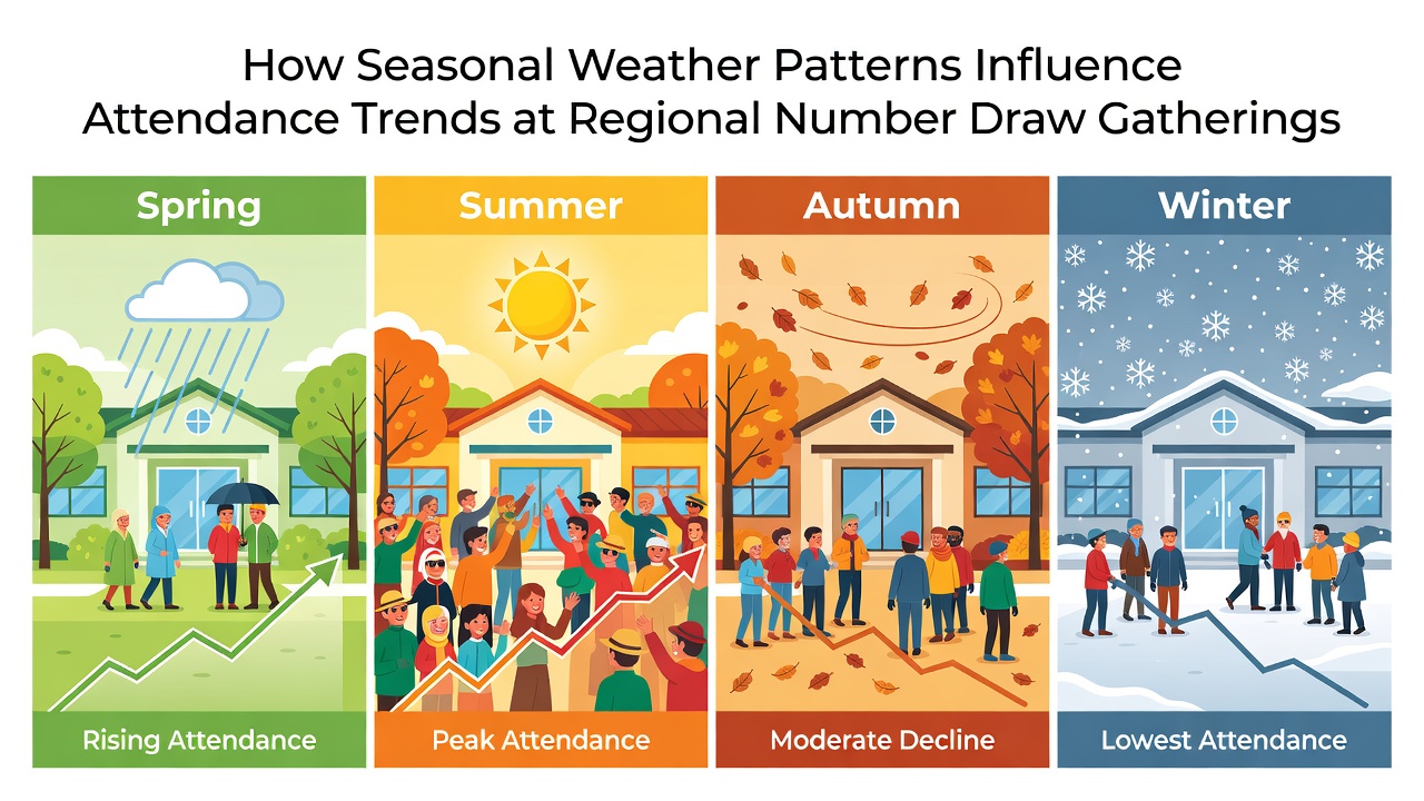 Regional number draw gatherings showing varied attendance during different weather conditions across seasons