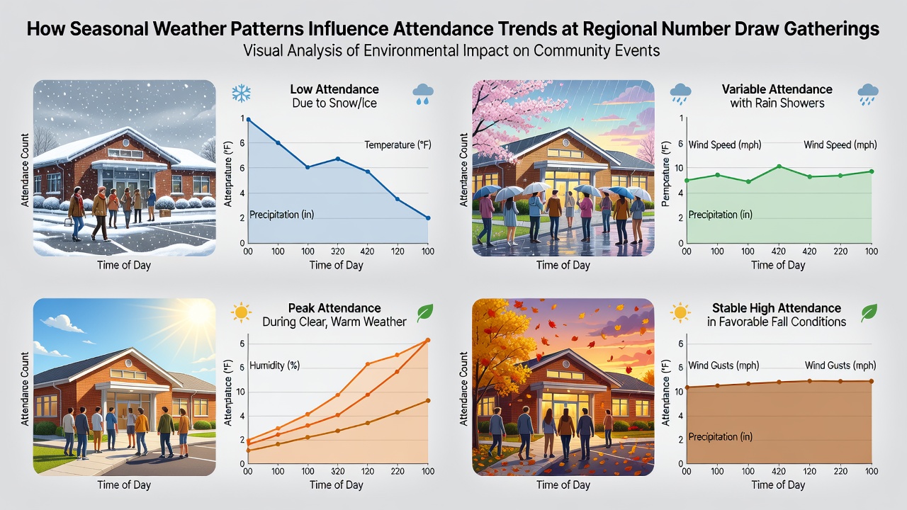 Chart illustrating attendance trends at number draw events across different seasonal weather conditions