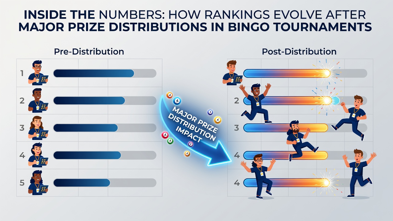 Detailed view of bingo tournament score calculation sheets and digital ranking updates after prize awards