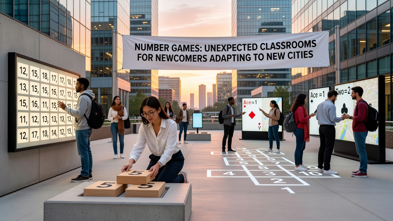 Newcomers participating in number games at a community center in an urban setting