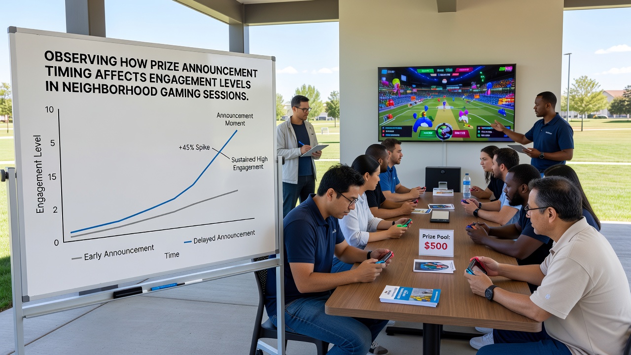 Close-up view of prize boards being updated during an active neighborhood gaming event