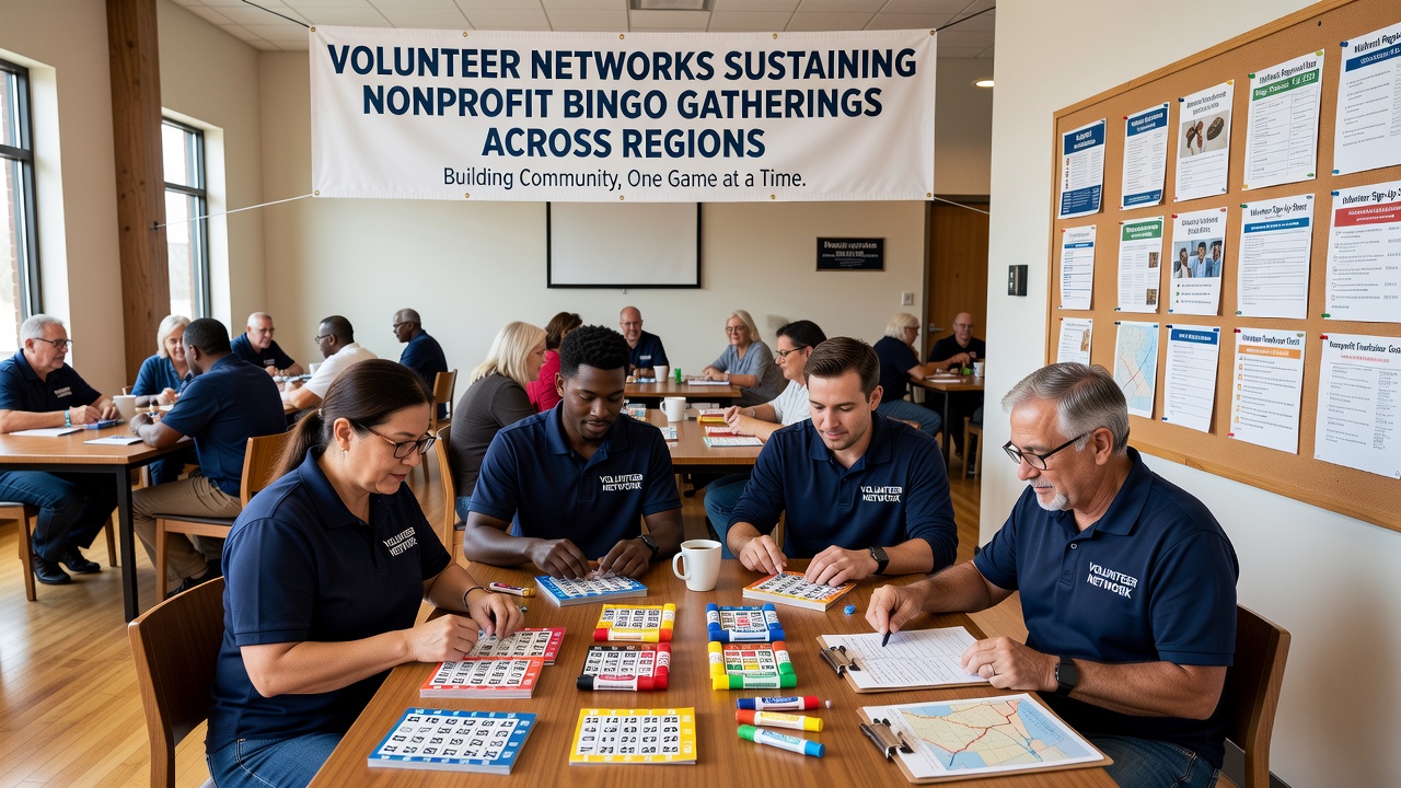 Volunteers setting up tables and equipment for a nonprofit bingo gathering in a community hall