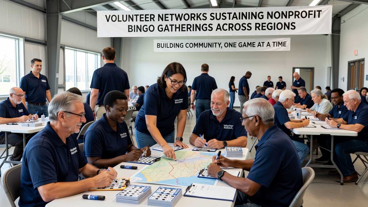 Group of volunteers reviewing schedules and prize lists for an upcoming nonprofit bingo event